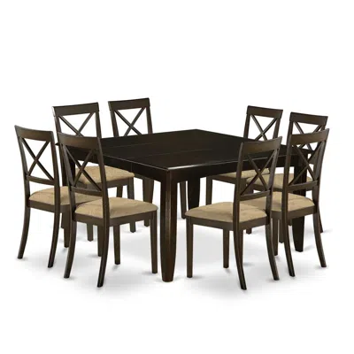 East West Furniture Pfbo9-cap-c 9 Pc Dining Room Set For 8-kitchen Table With Leaf And 8 Linen Dinette Chairs. In Brown