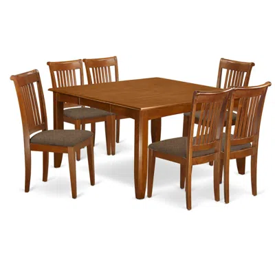 East West Furniture Pfpo7-sbr-c 7 Pc Dining Set-square Dining Table With Leaf And 6 Dining Chairs In Brown