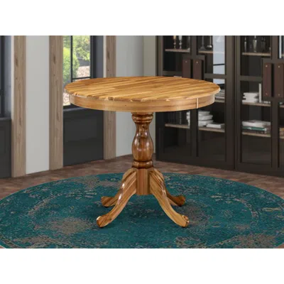 East West Furniture Round Dining Table Natural Acacia Color Table Top Surface And Asian Wood Round Table Pedestal Legs - In Brown