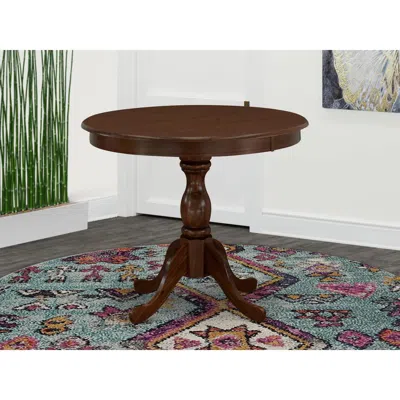 East West Furniture Round Wood Table Mahogany Color Table Top Surface And Asian Wood Round Dining Table Pedestal Legs -m In Brown