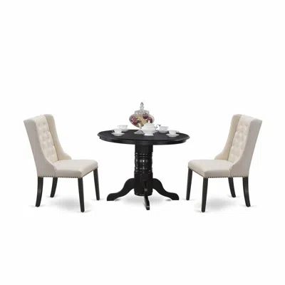 East West Furniture Shfo3-blk-01 3-pc Dinette Room Set Includes 1 Pedestal Dining Table And 2 Cream Linen Fabric Dining  In Black