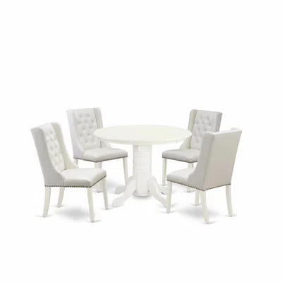 East West Furniture Shfo5-whi-44 5-piece Dinette Set Includes 1 Pedestal Wooden Dining Table And 4 Light Grey Linen Fabr In Blue