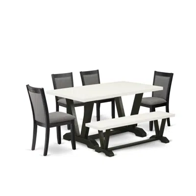 East West Furniture V626mz650-6 6 Pc Dinette Set - Linen White Table With Dining Room Bench And 4 Dark Gotham Grey Chair In Gray