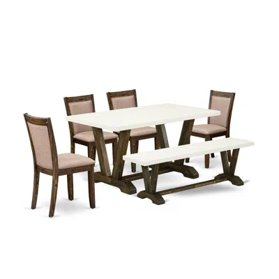 East West Furniture V726mz716-6 6 Piece Dining Set- A Dinning Table In Trestle Base With Wood Bench And 4 Dining Chairs  In Brown