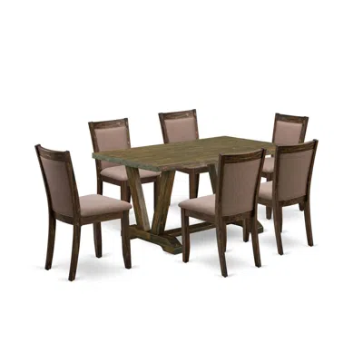 East West Furniture V776mz748-7 - 7-pc Dinette Room Set - 6 Dining Room Chairs And 1 Dining Table (distressed Jacobean F In Brown