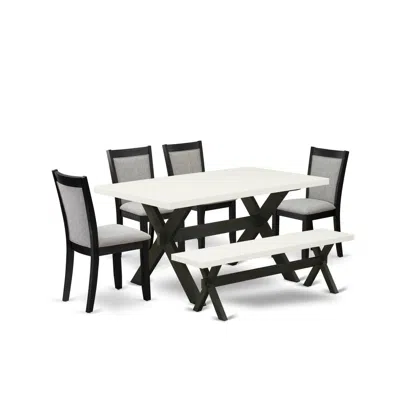 East West Furniture X626mz606-6 6 Pc Kitchen Table Set - Linen White Table With A Rustic Bench And 4 Shitake Dining Chai
