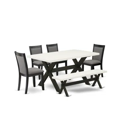 East West Furniture X626mz650-6 6 Pc Table Set - Linen White Dinner Table With Kitchen Bench And 4 Dark Gotham Grey Chai