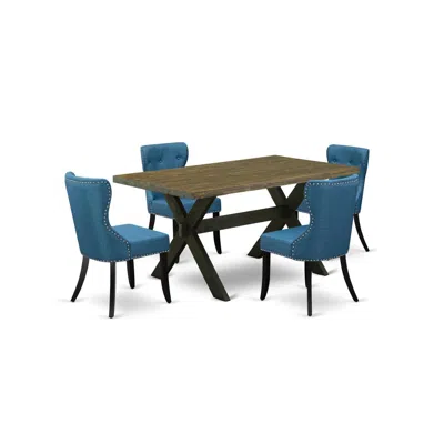 East West Furniture X676si121-5 5-piece Dining Set- 4 Parson Dining Room Chairs With Blue Linen Fabric Seat And Button T