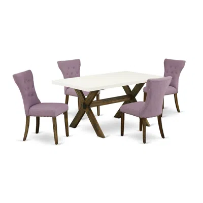East West Furniture X726ga740-5 5-pc Dining Room Set- 4 Parson Dining Chairs With Dahlia Linen Fabric Seat And Button Tu In Purple