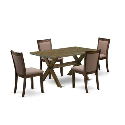 East West Furniture X776mz748-5 - 5-pc Modern Dining Set - 4 Parson Chairs And 1 Dining Table (distressed Jacobean Finis In Brown