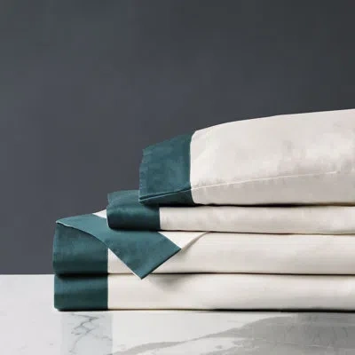 Eastern Accents Izaro Decorative Border 300 Thread Count Egyptian-quality Cotton Sateen Sheet Set In Ivory,green