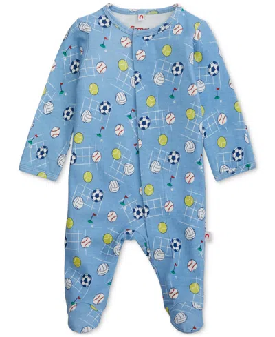 Easy Magnetic Close Baby Cotton Magnetic Footed Coverall In Having A Ball,blue