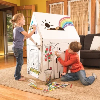 Easy Playhouse 2.6' X 2.8' Indoor Cardboard Diy Playhouse Kit In White,black