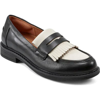 Easy Spirit Jett Fringe Penny Loafer In Black,ivory Leather