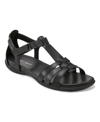 Easy Spirit Women's Leia Round Toe Strappy Flat Sandals In Black- Faux Leather