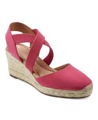 Easy Spirit Women's Meza Casual Strappy Espadrille Wedges Sandal In Neon Pink Suede,textile