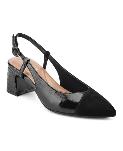 Easy Spirit Women's Nailah Eflex Block Heel Slingback Pumps In Black Suede,black Patent Leather