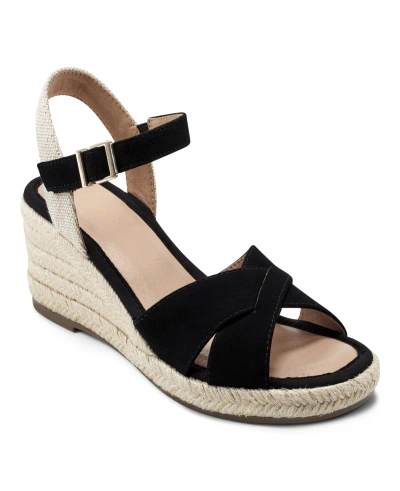 Easy Spirit Women's Shandra Ankle Strap Round Toe Wedge Sandals In Black- Suede And Textile