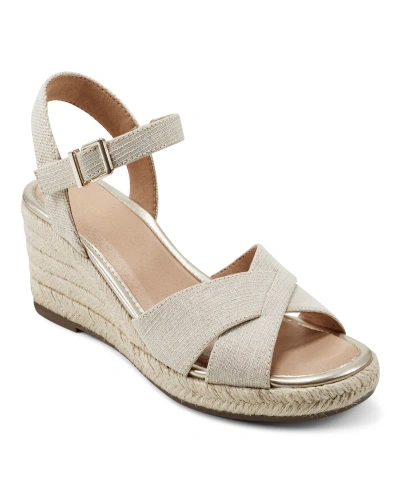 Easy Spirit Women's Shandra Ankle Strap Round Toe Wedge Sandals In Gold,natural Linen- Textile