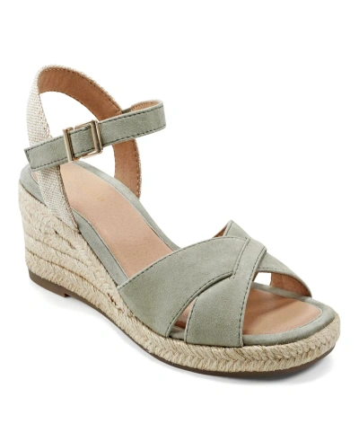 Easy Spirit Women's Shandra Ankle Strap Round Toe Wedge Sandals In Light Green- Suede And Textile