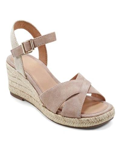 Easy Spirit Women's Shandra Ankle Strap Round Toe Wedge Sandals In Light Pink- Suede And Textile