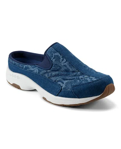 Easy Spirit Women's Travel Time Slip-on Walking Mules In Dark Blue Floral Denim