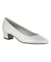 Easy Street Prim Womens Pointed Closed Toe Block Heel Pumps In Silver Satin