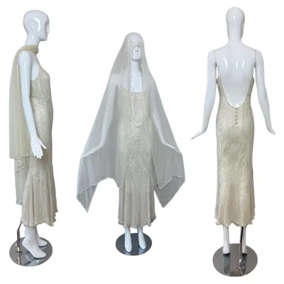 Pre-owned Eavis & Brown 90's Vintage Couture Silk Beaded Wedding Gown Bridal Dress Shawl