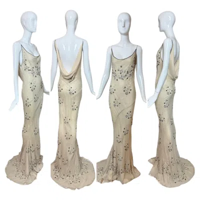 Pre-owned Eavis & Brown 90's Vintage Couture Silk Hand Embroidered Beaded Cowl Back Evening Gown In Gray