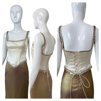 Pre-owned Eavis & Brown 90's Vintage Ivory Silk Boned Hand Beaded Bridal Wedding Corset In White