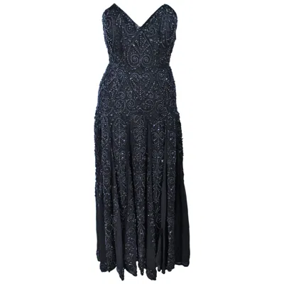 Pre-owned Eavis & Brown Black Velvet Heavily Beaded Strapless Gown With Chiffon Size 2 4