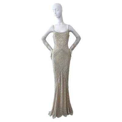 Pre-owned Eavis & Brown Les Habitudes 90's Vintage Couture Beaded Silk Bridal Gown Wedding Dress Gloves In Gray
