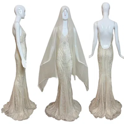 Pre-owned Eavis & Brown Les Habitudes 90's Vintage Couture Ivory Beaded Silk Bridal Wedding Gown W.shawl In White