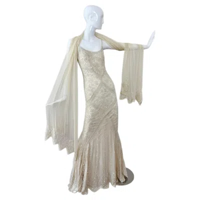 Pre-owned Eavis & Brown Les Habitudes 90's Vintage Couture Ivory Beaded Silk Wedding Gown W. Shawl In White