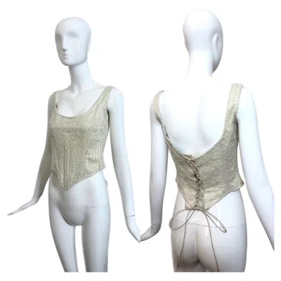 Pre-owned Eavis & Brown Les Habitudes 90's Vintage Ivory Silk Hard Boned Corset W. Iridescent Glass Bead In White