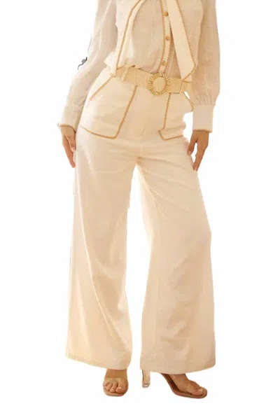 Eb Luxe Cherine Embroidered Detail & Belt Linen Pants In Beige In Neutral