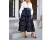 Eb Luxe Deep V Neck Tiered Midi Dress With Accent Belt In Black/white In Multi