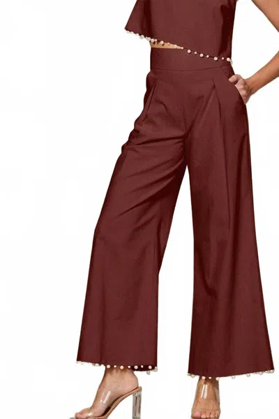 Eb Luxe Pearl Trimmed Linen Blend Trousers In Brown
