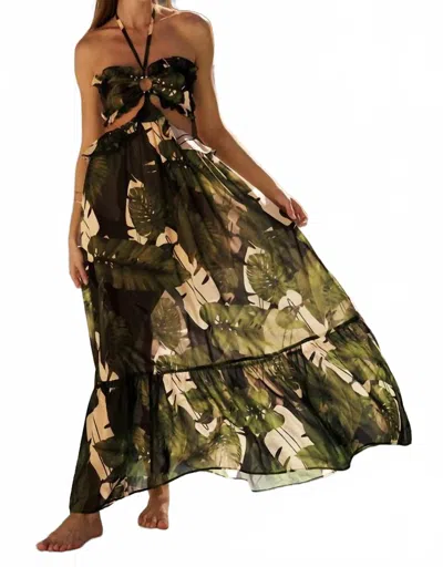 Eb Luxe Tropical Palm Halter Maxi Dress In Green/ Black Multi