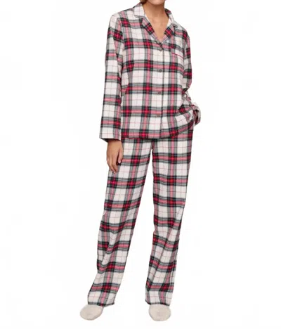 Eberjey Flannel Long Pajama Set In Tartan Plaid Holly Stripe In White