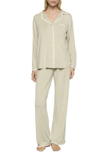 Eberjey Frida Contrast Embroidery Knit Pajamas In Green