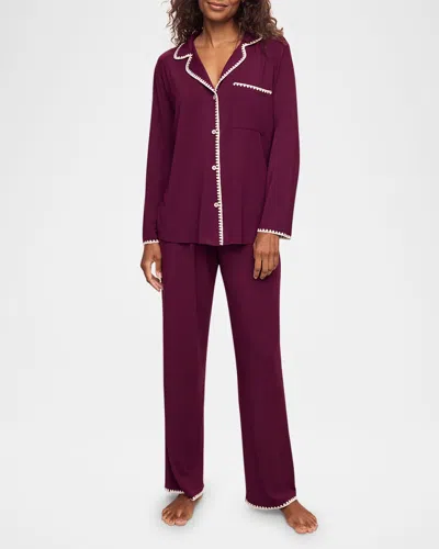 Eberjey Frida Whipstitch Long Pajama Set In Plum/ivory