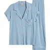 Eberjey Gisele Short Sleeve Crop Pajama Set In Faded Denim/ivory