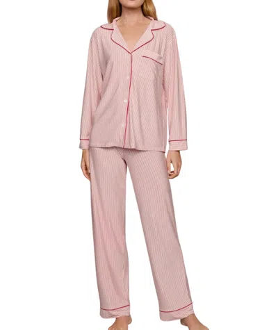 Eberjey Gisele Printed Long Pajama Set In Duo Stripe Holly Red With Ribbon In Pink