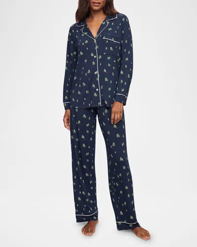Eberjey Gisele Printed Long Pajama Set In Woodland Pine Navy/ivory
