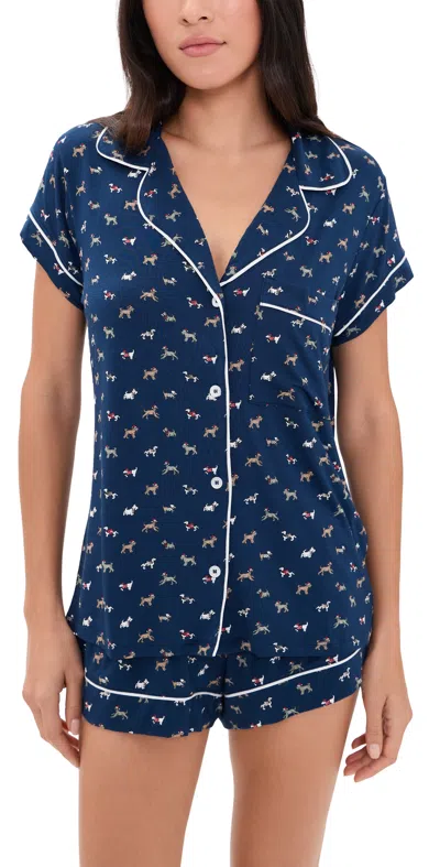 Eberjey Gisele Printed Shortie Pajama Set Santa Paws Navy/ivory In Blue