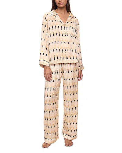 Eberjey Inez Printed Washable Silk Long Pajama Set In Leaves Boulder/navy