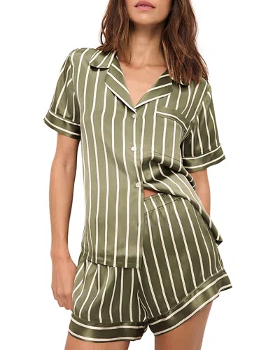 Eberjey Inez Printed Washable Silk Short Pajama Set In Classic Stripe Moss/moss