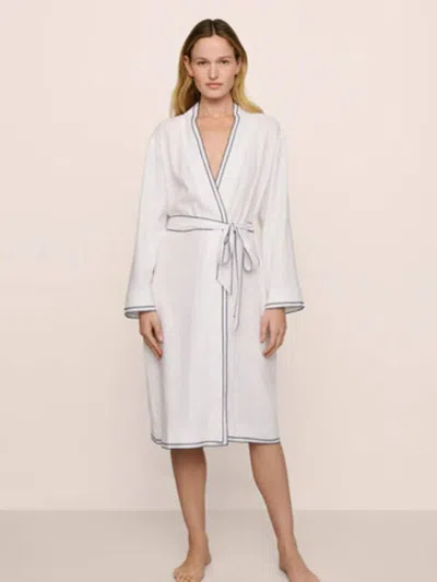 Eberjey Linen Blend Long Sleeve Robe In Off White/navy In Multi