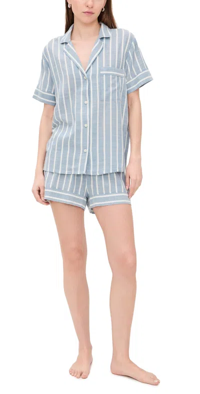 Eberjey Nautico Shortie Pajama Set Classic Stripe Slate Blue/ivory